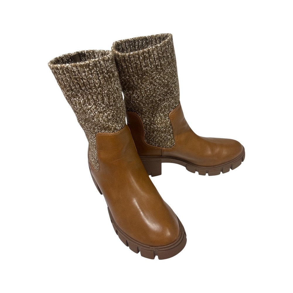 Madden Girl Sock Boots Womens 8.5 Brown Excellent Lug Sole Block Heel Knit Gorp